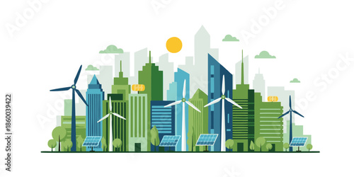 Sustainable Green City Concept with Wind Turbines, Solar Panels, and Eco Friendly Skyscrapers