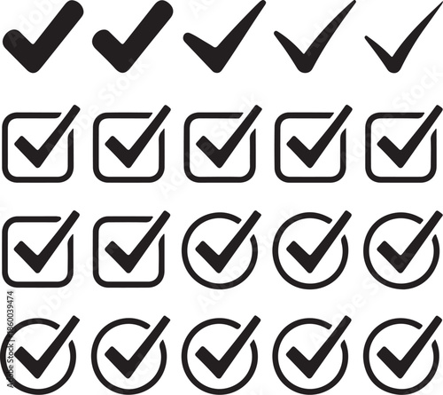 Collection of various checkmark icons in black and white