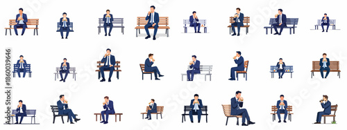 Diverse set of vector illustrations showcasing businessmen eating sandwiches on park benches, representing quick office lunch breaks and outdoor dining.