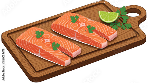 Fresh Raw Salmon Fillets with Parsley Garnish and Lime on Wooden Cutting Board for Healthy Cooking and Culinary Presentation