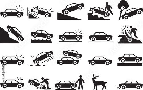 Black and white car crash icons with people and animals
