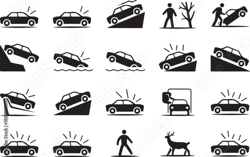 Car accident icons set with various crash scenarios depicted