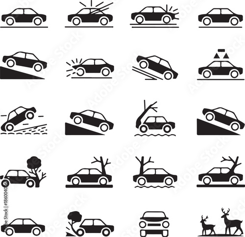 Car accident icons set with various crash scenarios depicted