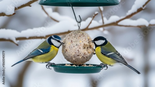 Two blue tit birds perched on a feeder eating a suet ball in a snowy winter forest