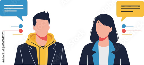 A vibrant vector illustration portraying a man and a woman engaged in an active digital conversation, representing online chat, messaging, and virtual social interaction