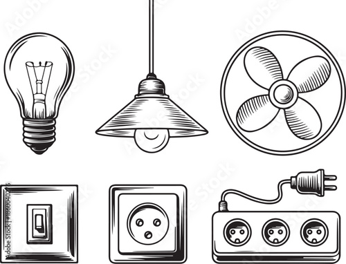 Electrical icons set including light bulb and plug socket