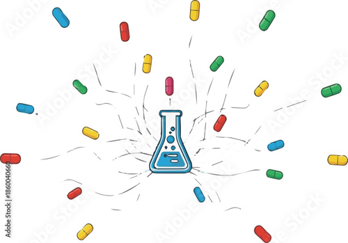 Abstract concept of science and research with laboratory flask and capsules