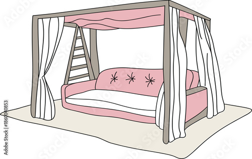 Pink canopy daybed vector illustration, hand drawn outdoor garden furniture with curtains and cushions in bohemian style