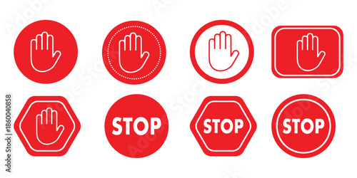 Red stop signs and hand gesture symbols indicating warning or prohibition vector