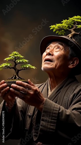 Elderly man holding bonsai plant with tree hat reflecting wisdom nature