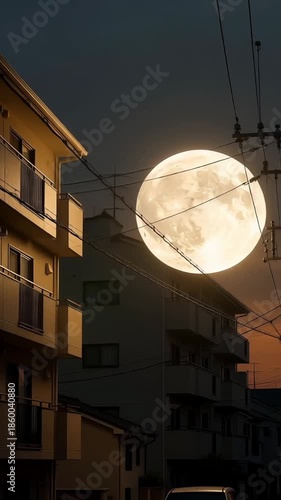 Moonrise urban apartments with silhouetted power lines