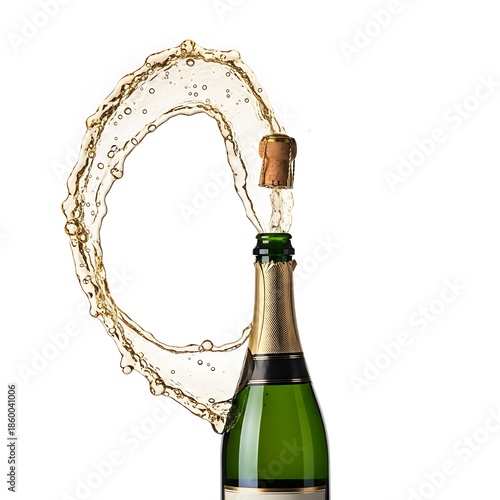 Champagne bottle popping cork with splash on white background