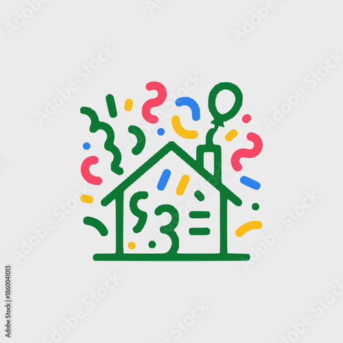 Colorful house icon with question marks and confetti
