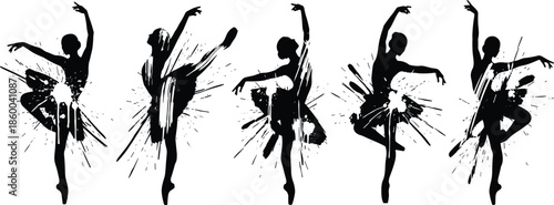 Artistic ballerina silhouettes with paint splatter effect showing expressive ballet movement, grace, and creative dance energy isolated on white background illustration