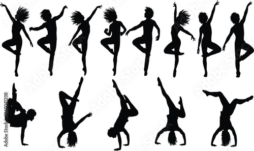 Dynamic dance silhouettes showcasing modern, acrobatic, and yoga-inspired movements with expressive poses isolated on white background illustration design