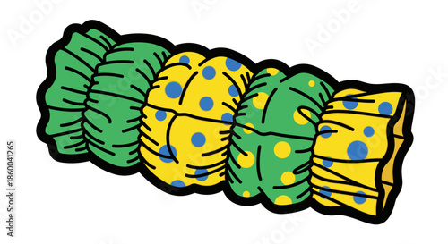 Colorful ruched sleeve detail illustration with green and yellow polka dot pattern isolated on white background