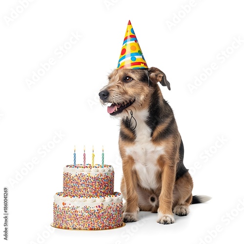 Happy dog with party hat and birthday cake with candles, isolated