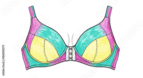 Colorful front clasp bra illustration with vibrant pink, teal, and yellow panels, isolated on a white background