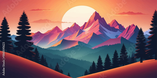 Abstract fantasy mountain scenery featuring bold colors and smooth layered terrain