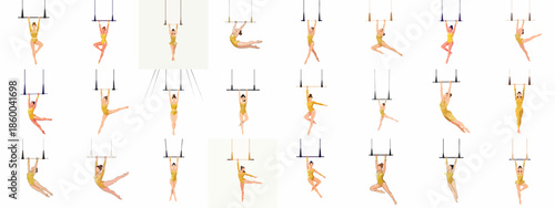 Set of vector illustrations depicting elegant female aerialists and gymnasts performing diverse trapeze stunts in shimmering gold costumes on a white background.