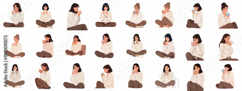 A collection of women illustrations in cozy knit sweaters sitting comfortably and drinking hot beverages, ideal for relaxation and self-care themes.