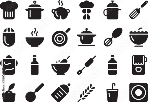 Black kitchen icons for cooking and food preparation