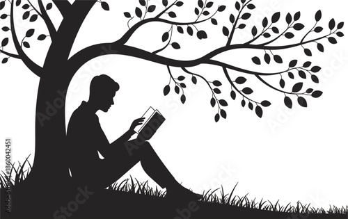 Silhouette of person reading a book under a tree vector illustration, peaceful nature scene with man sitting in grass under leafy branches