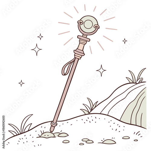 A whimsical illustration depicts a magical staff planted in the earth surrounded by sparkling stars and gentle foliage