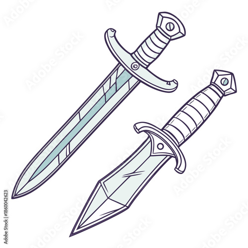 an illustration depicting two ornate vintage daggers with uniquely shaped hilts and silvery metallic blades positioned on a white background