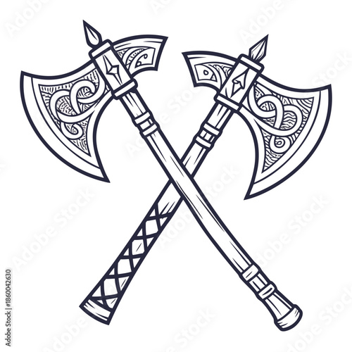 Intricate black and white illustration depicts two crossed viking battle axes with detailed ornamentation and etched wooden handles