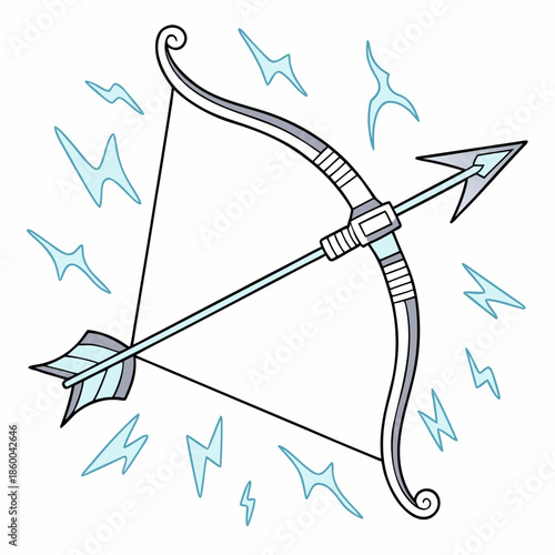 a beautifully illustrated image showcasing a light blue bow and arrow set surrounded by whimsical lightning bolt designs