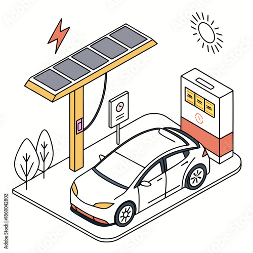 an isometric illustration depicting a solar powered electric vehicle charging station with a car sun and lightning bolt symbols