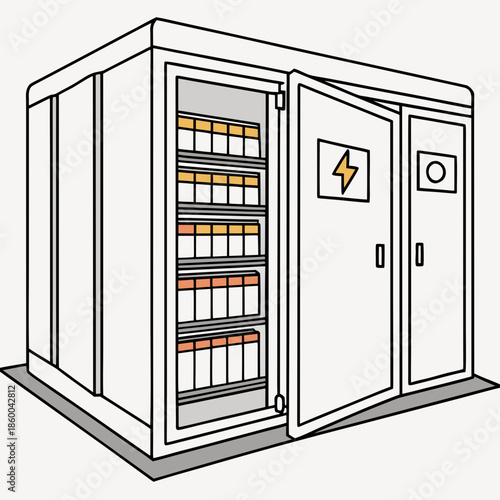 a detailed illustration of an electrical panel cabinet with open doors revealing multiple circuit breakers inside high quality professional