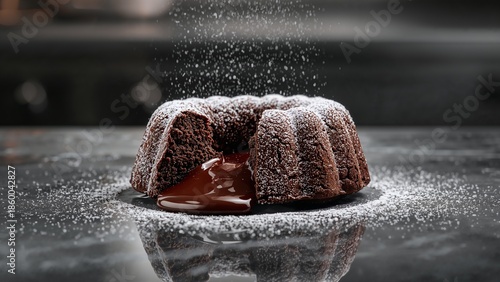 Dark Chocolate Lava Cake with Flowing Molten Filling and Falling Powdered Sugar
