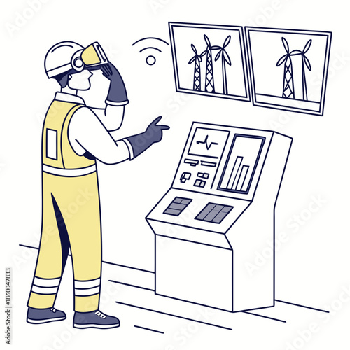 A technician using augmented reality while inspecting wind turbine data displayed on a control panel and screens high quality