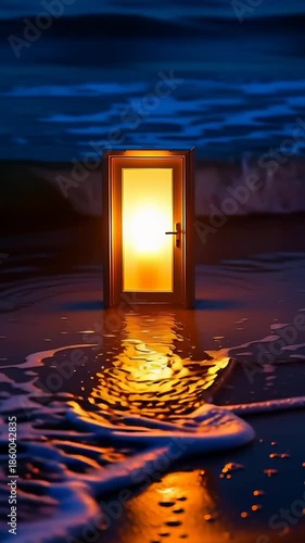 Surreal glowing door on beach reflecting warm light at night