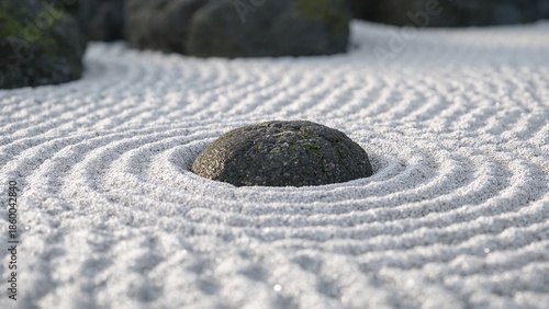 Zen Garden Rock and Raked White Sand Pattern for Meditation and Relaxation.