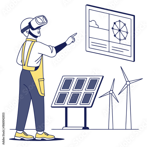 A man wearing a vr headset points at a screen displaying energy data showcasing sustainable power sources like solar panels