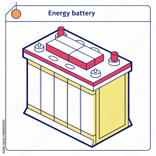 A colorful isometric illustration depicts a yellow car battery with red terminals and a bright orange charge indicator light above