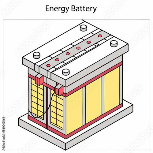 an isometric illustration of a large yellow battery with visible screws housing and internal cell structure is depicted clearly