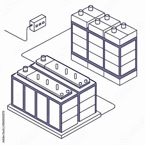 Isometric illustration showcasing a power supply connected to a series of modular server blocks or data storage units visually representing