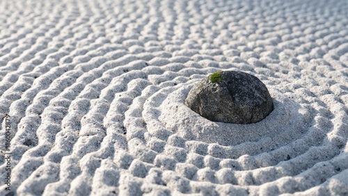 Meditative Zen Garden: Dark Stone in White Raked Sand Ripples. Balance and Tranquility.
