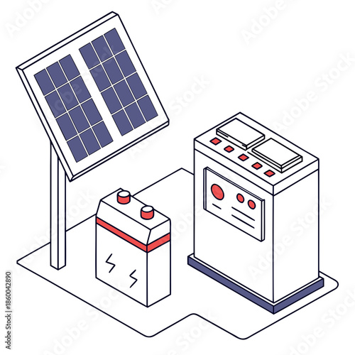 Isometric illustration of a solar panel system with a battery generator and electrical connections in a minimalist style