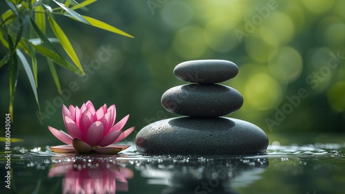 Peaceful Pink Lotus Flower and Stacked Zen Stones on Tranquil Water.