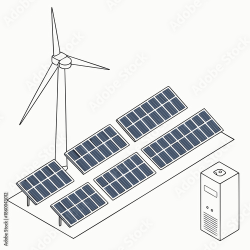A detailed illustration showcasing a wind turbine alongside a comprehensive solar panel array and accompanying electrical infrastructure high quality