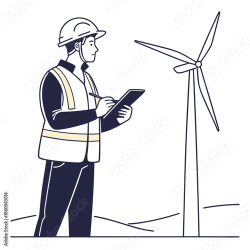 An illustration depicts a worker inspecting a wind turbine taking notes on a digital tablet and wearing safety gear