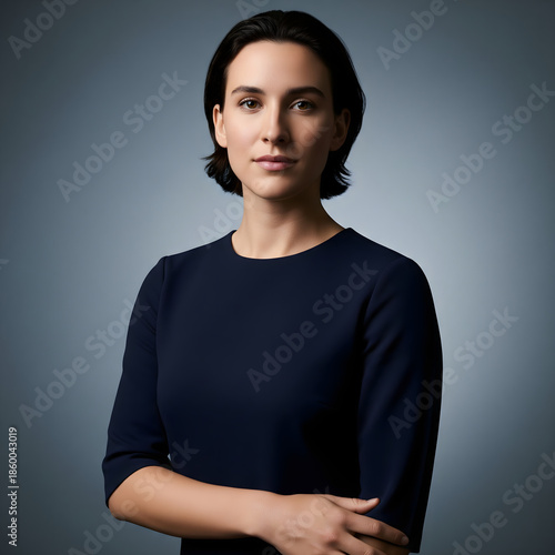 Serious woman in navy blue attire posing against a soft grey gradient studio background
