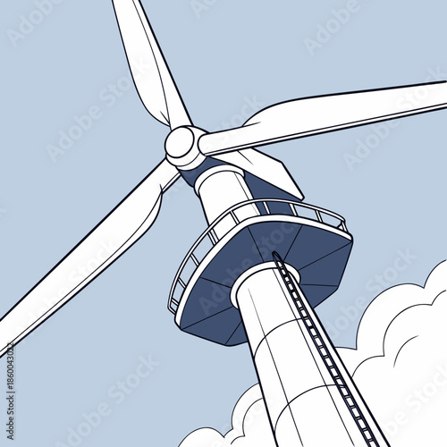 A detailed illustration depicts a single wind turbine with spinning blades against a pale blue sky with fluffy white clouds