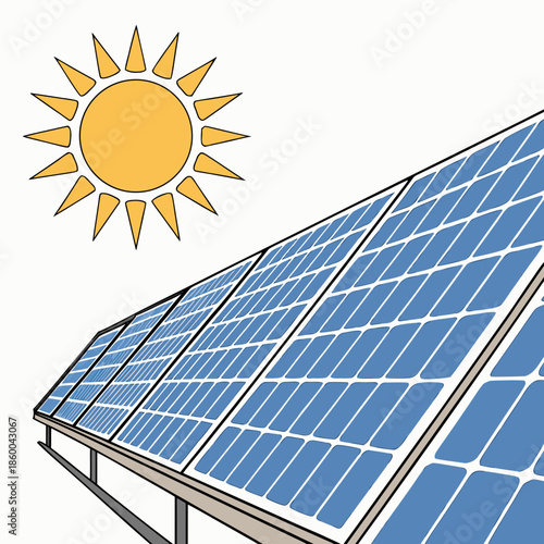 A bright yellow sun shines down upon a field of blue solar panels representing renewable energy and sustainability