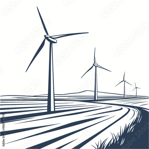 A serene landscape depicting a field with a winding path leading towards distant wind turbines on the horizon